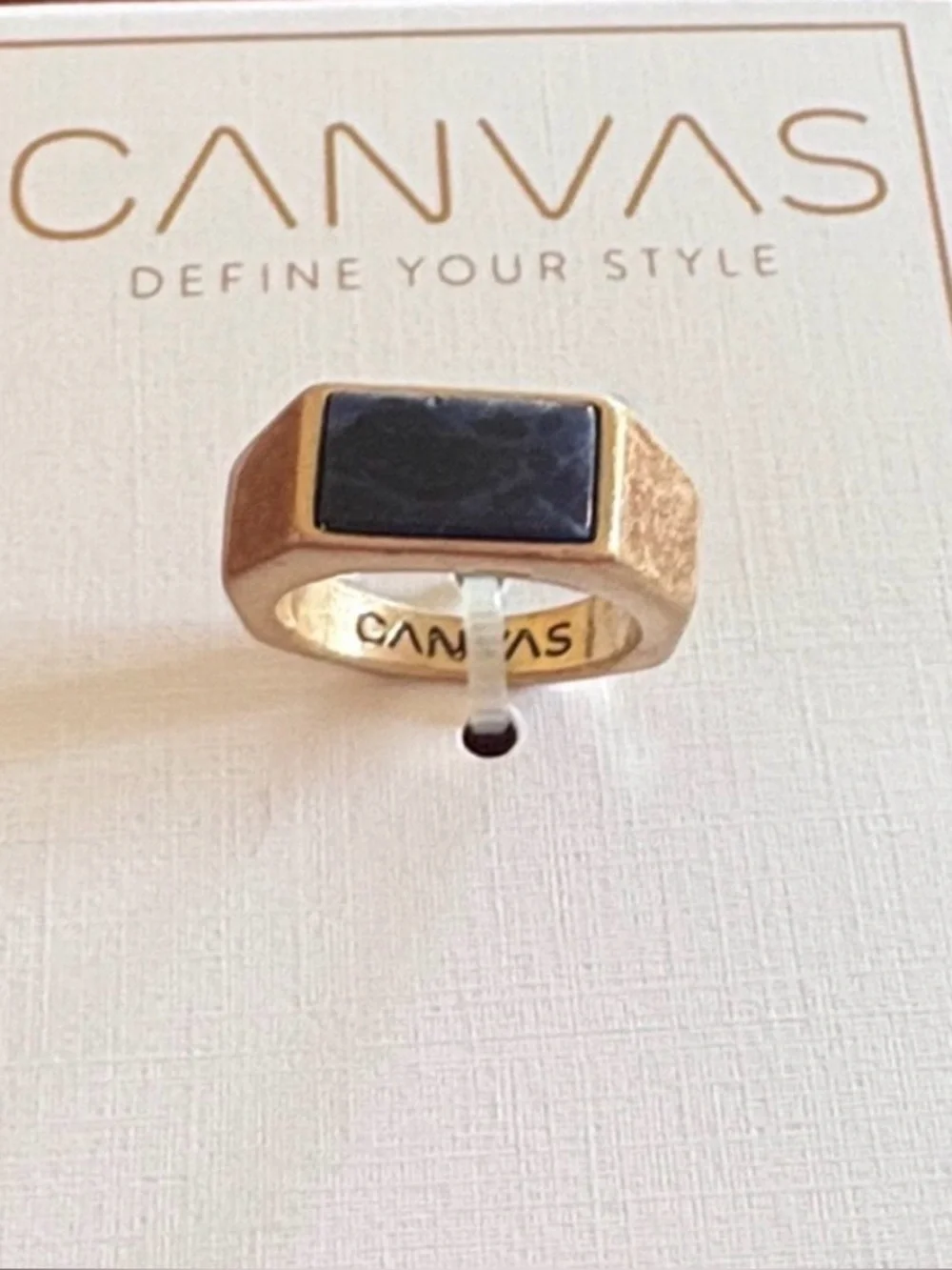 🆕CANVAS: Trendy Gold Tone Rectangular Ring with Blue Stone- Men’s size 5.5 to 6